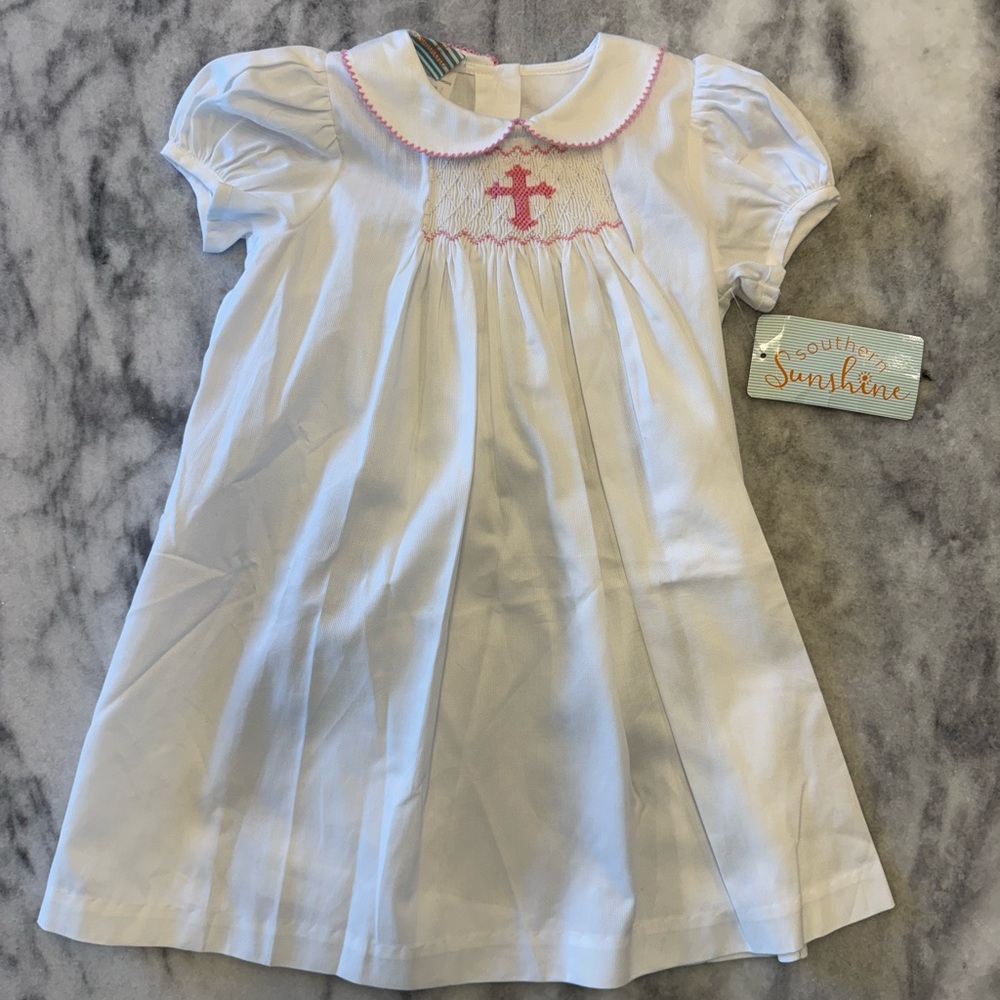 Pink Cross Single Smocked Dress White Pique - 4T